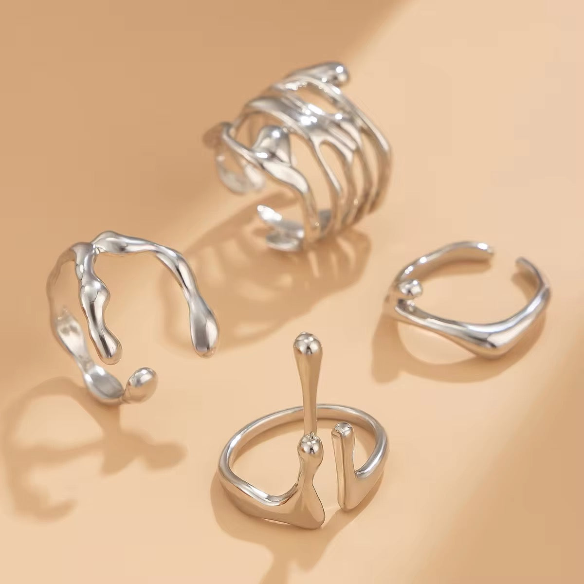 4Pcs Vintage Irregular Lava Open Ring Set ring LUNARITY GARAGE Silver