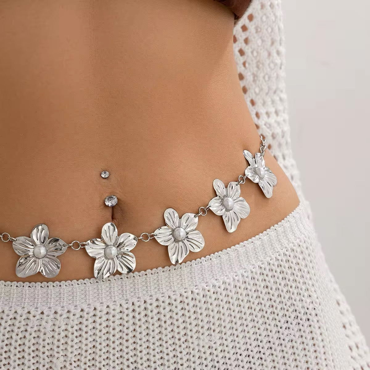 Bohemian Imitation Pearl Metal Flowers Waist Chain waist chain LUNARITY GARAGE