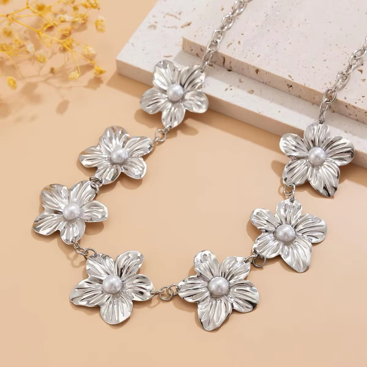 Bohemian Imitation Pearl Metal Flowers Waist Chain waist chain LUNARITY GARAGE Silver