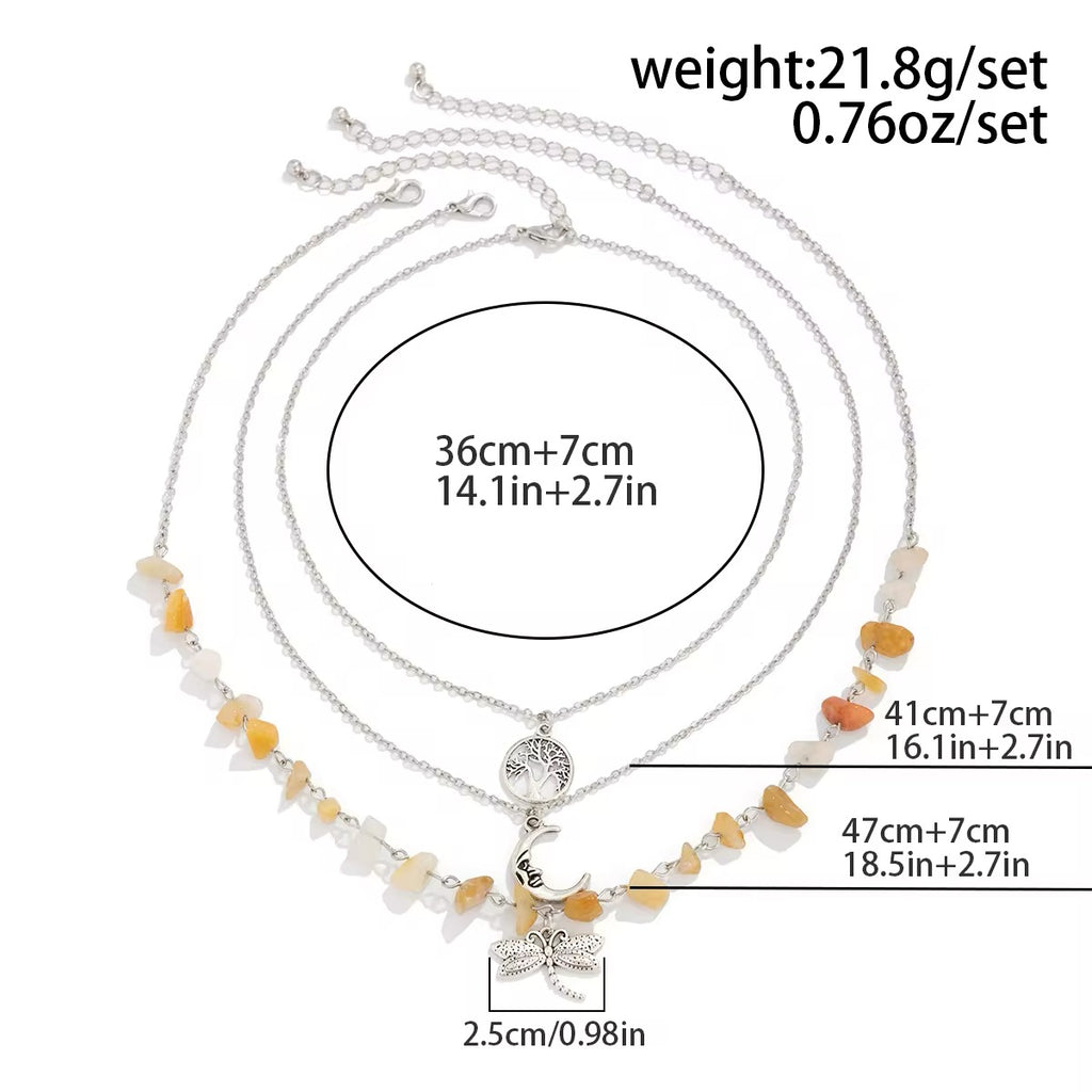 Bohemian 3pcs/Set Tree of Life Moon Dragonfly Gemstone Pendant Necklace necklaces LUNARITY GARAGE   