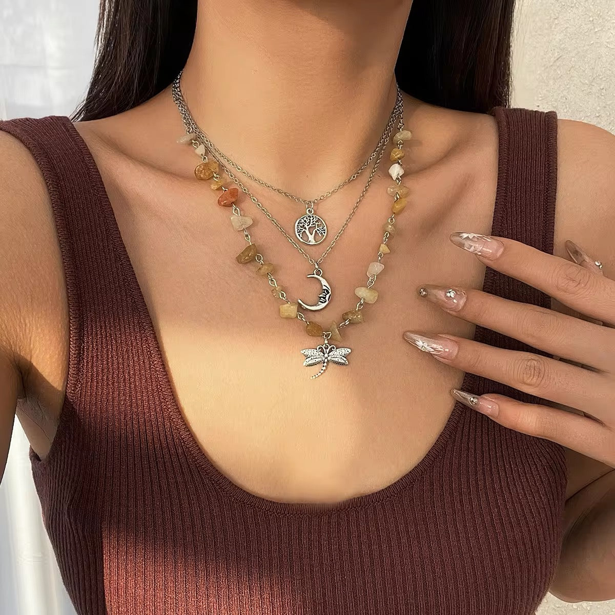 Bohemian 3pcs/Set Tree of Life Moon Dragonfly Gemstone Pendant Necklace necklaces LUNARITY GARAGE