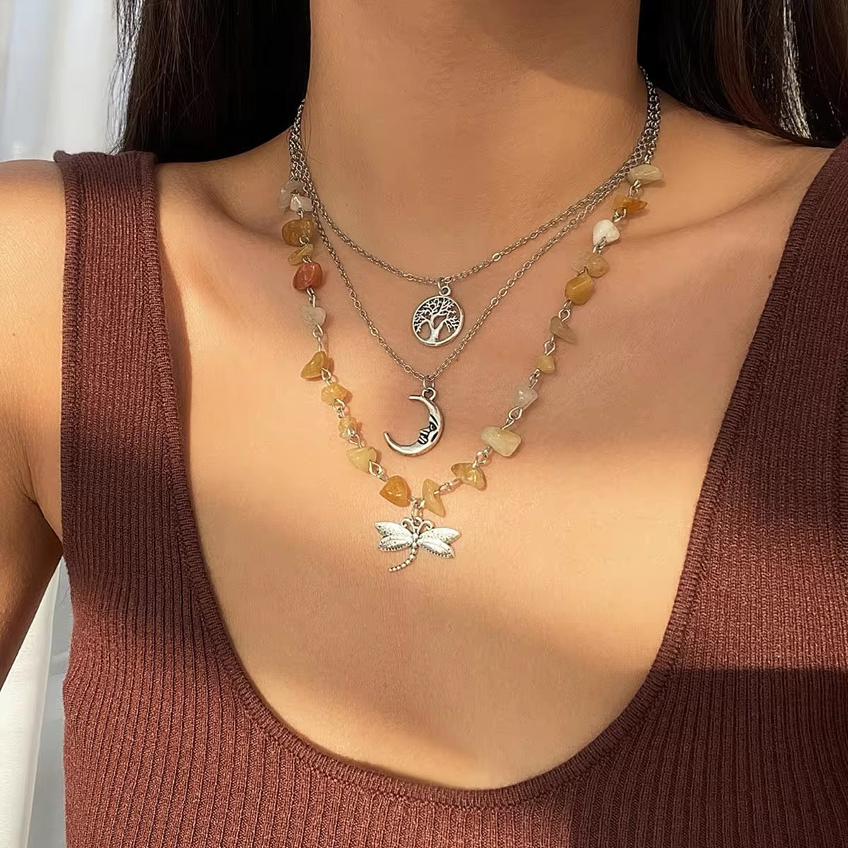 Bohemian 3pcs/Set Tree of Life Moon Dragonfly Gemstone Pendant Necklace necklaces LUNARITY GARAGE