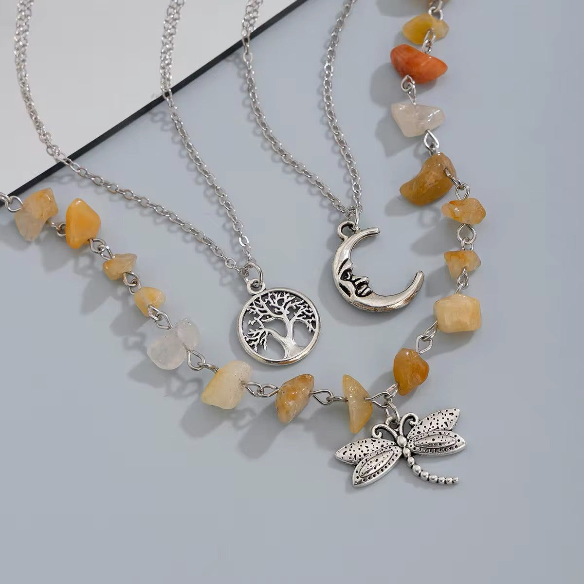 Bohemian 3pcs/Set Tree of Life Moon Dragonfly Gemstone Pendant Necklace necklaces LUNARITY GARAGE