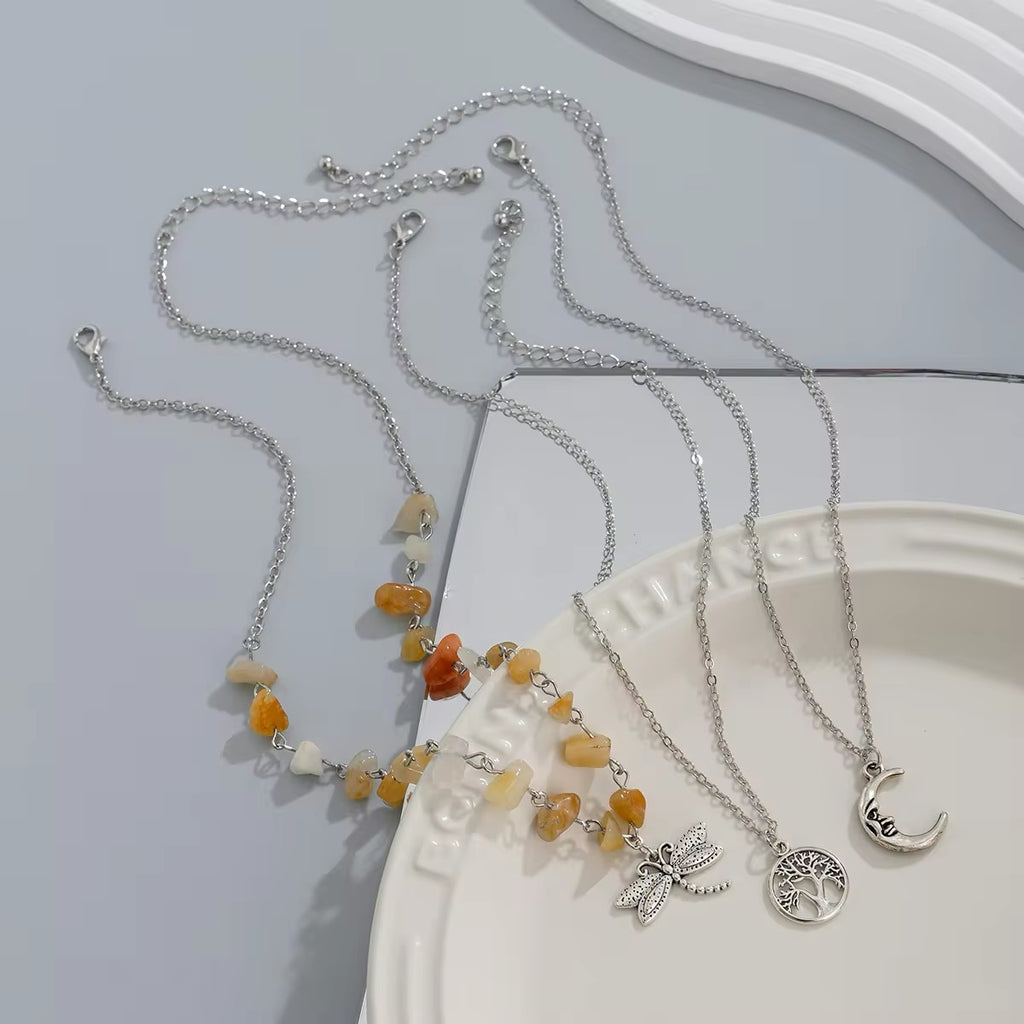 Bohemian 3pcs/Set Tree of Life Moon Dragonfly Gemstone Pendant Necklace necklaces LUNARITY GARAGE   