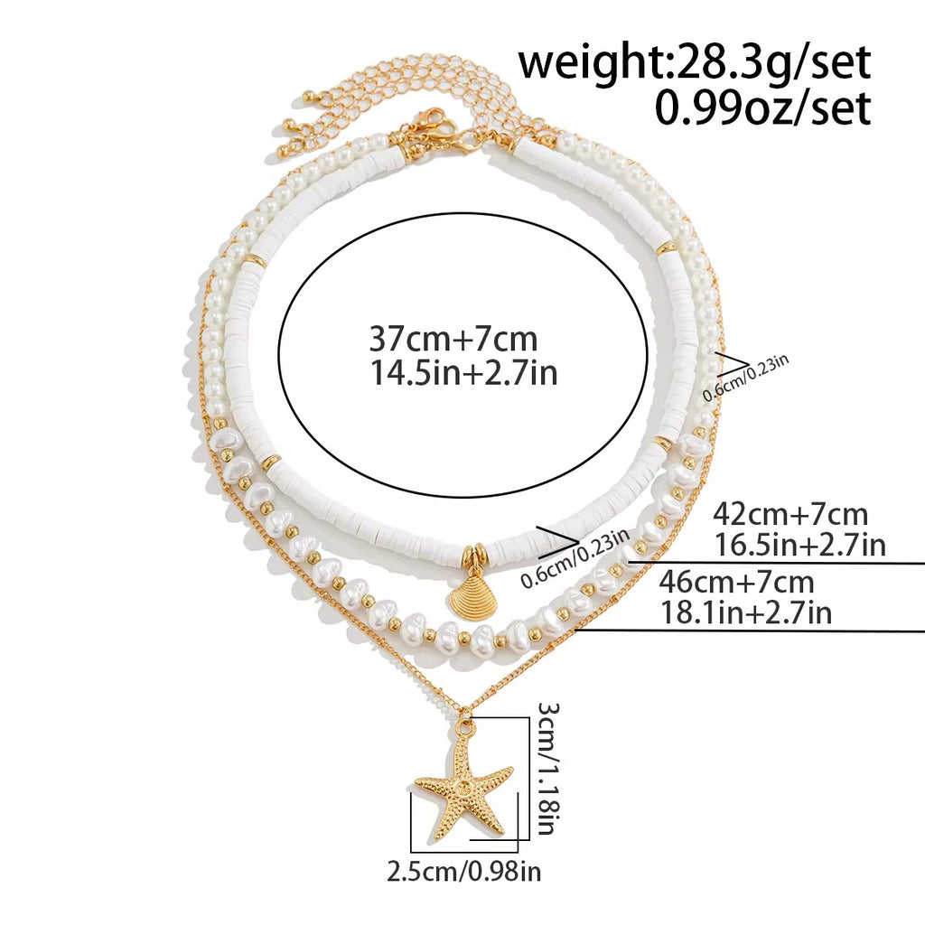 Boho Starfish Conch Pendant 3Pcs/Set - Elegant White Imitation Pearl Chain Necklace necklaces LUNARITY GARAGE   
