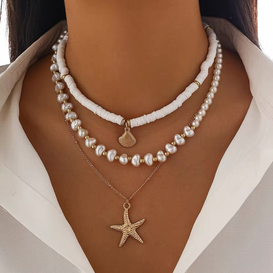 Boho Starfish Conch Pendant 3Pcs/Set - Elegant White Imitation Pearl Chain Necklace necklaces LUNARITY GARAGE   