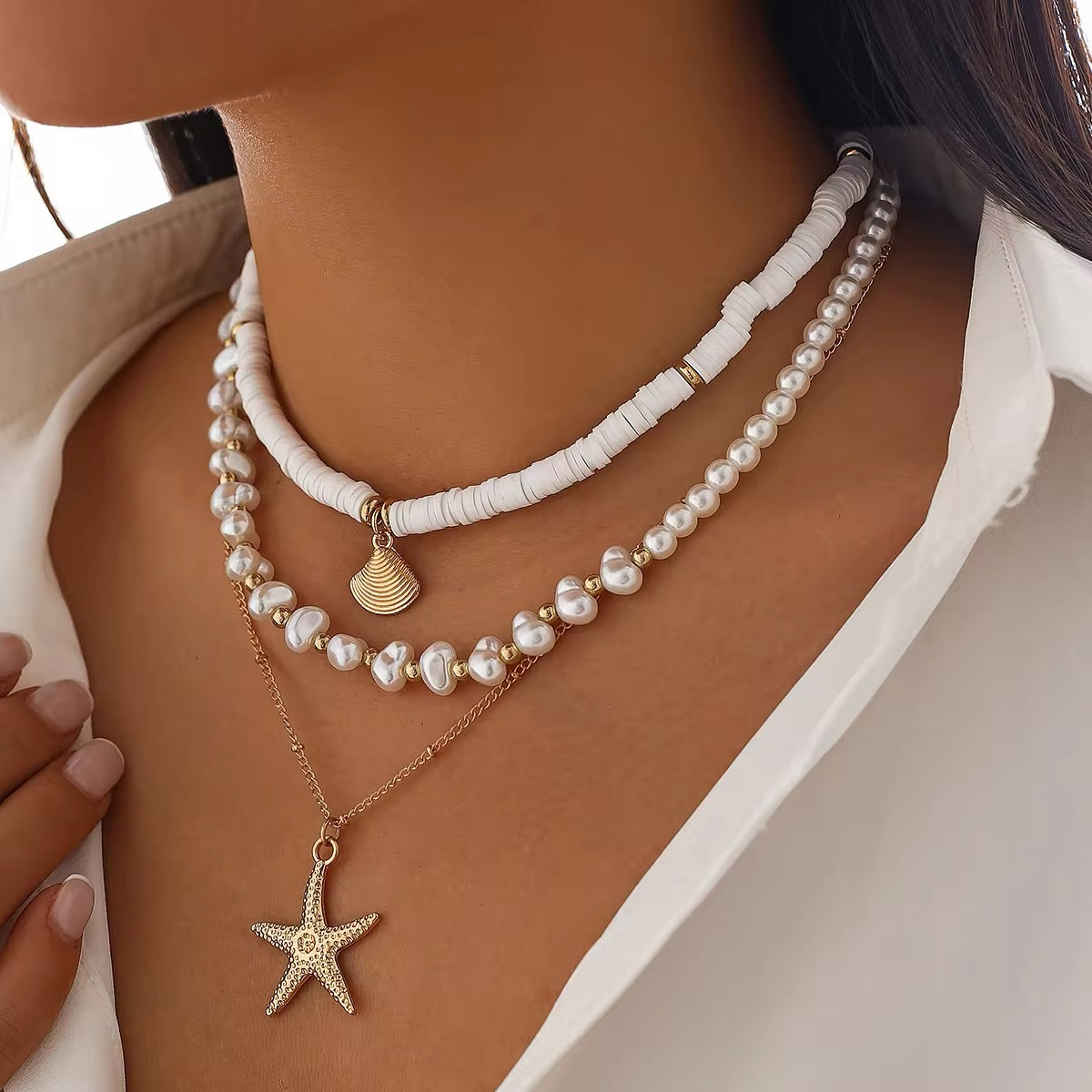 Boho Starfish Conch Pendant 3Pcs/Set - Elegant White Imitation Pearl Chain Necklace necklaces LUNARITY GARAGE
