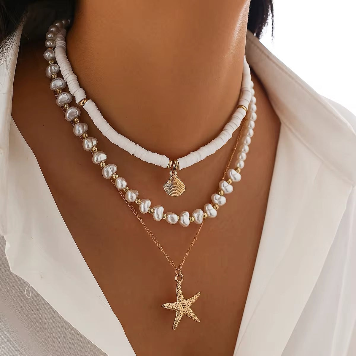 Boho Starfish Conch Pendant 3Pcs/Set - Elegant White Imitation Pearl Chain Necklace necklaces LUNARITY GARAGE
