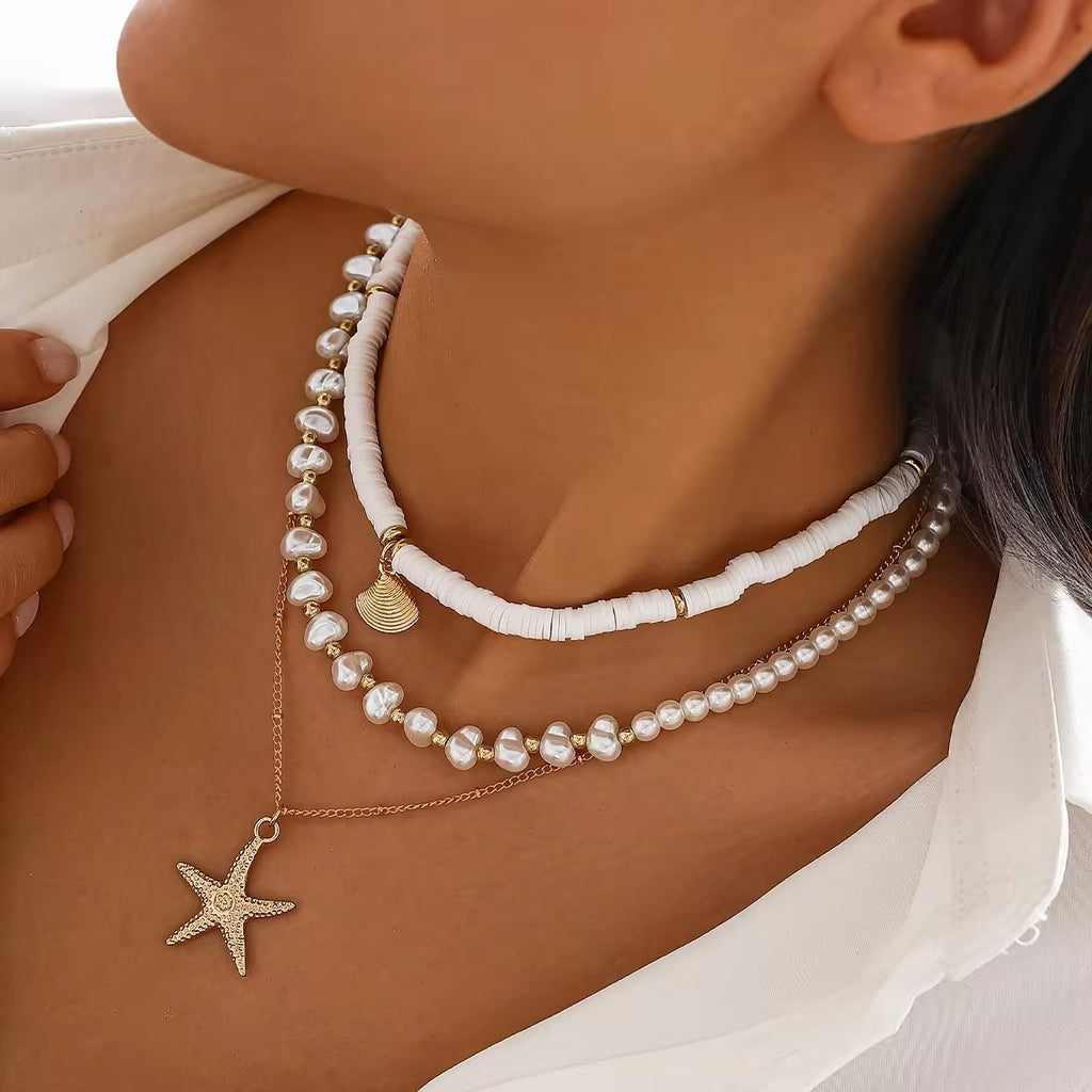 Boho Starfish Conch Pendant 3Pcs/Set - Elegant White Imitation Pearl Chain Necklace necklaces LUNARITY GARAGE   
