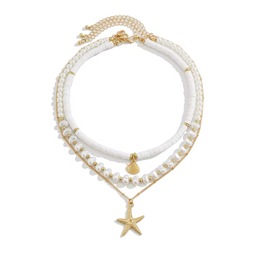 Boho Starfish Conch Pendant 3Pcs/Set - Elegant White Imitation Pearl Chain Necklace necklaces LUNARITY GARAGE   