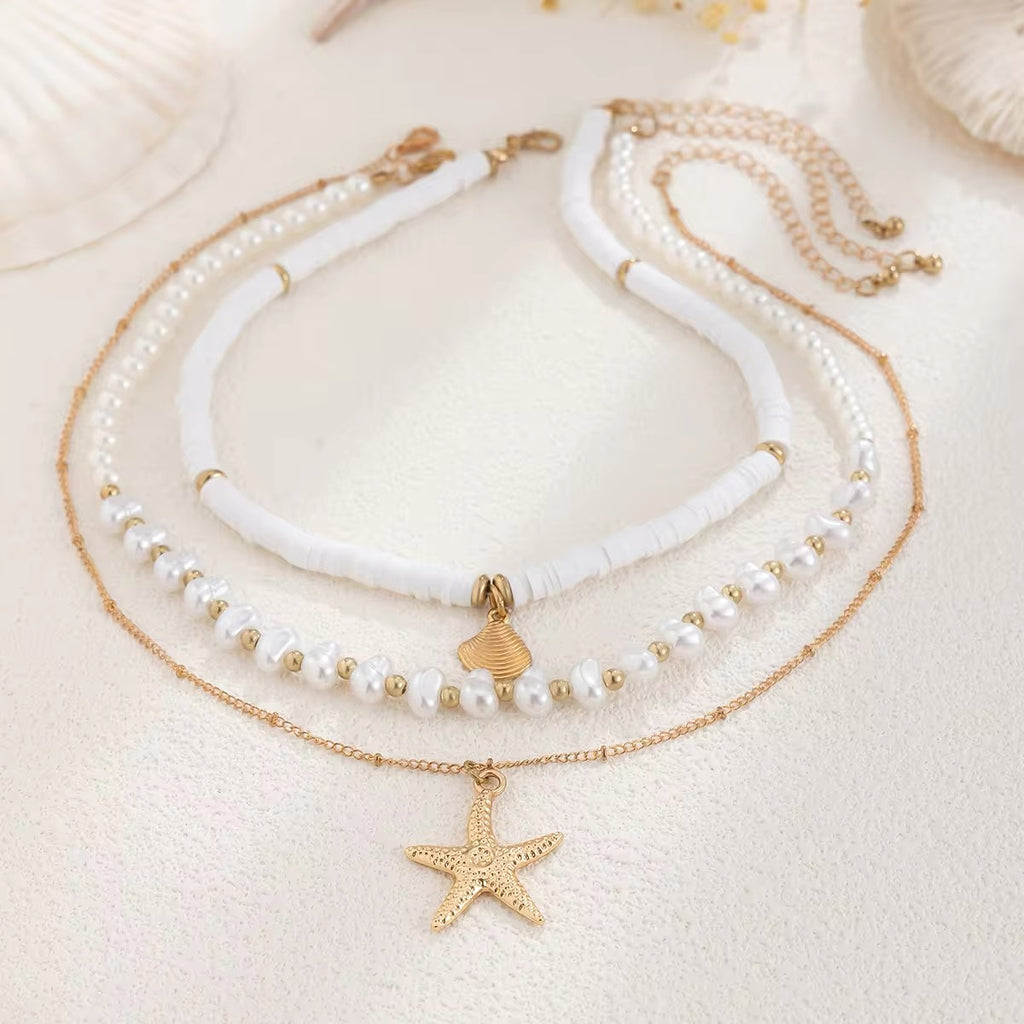 Boho Starfish Conch Pendant 3Pcs/Set - Elegant White Imitation Pearl Chain Necklace necklaces LUNARITY GARAGE   