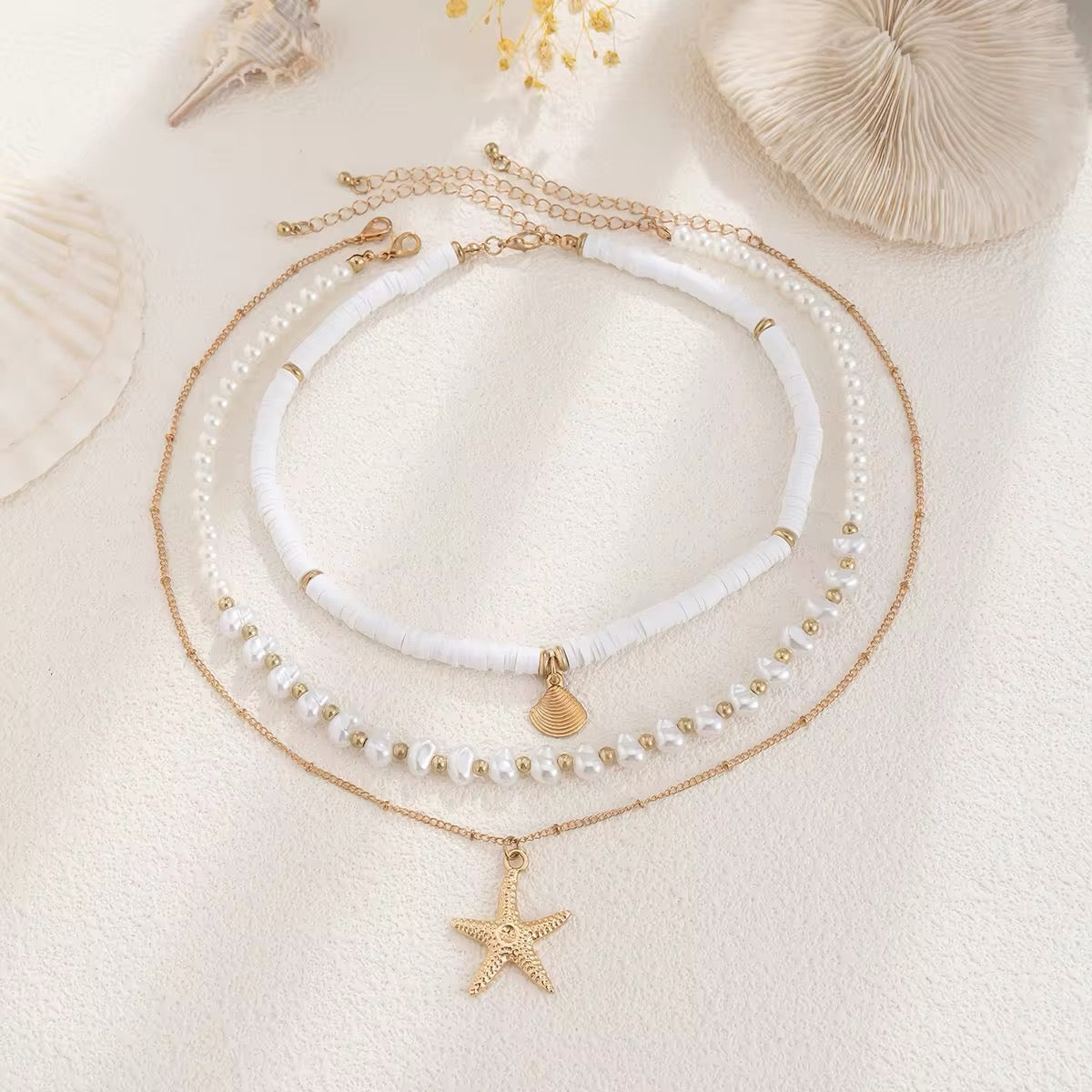 Boho Starfish Conch Pendant 3Pcs/Set - Elegant White Imitation Pearl Chain Necklace necklaces LUNARITY GARAGE