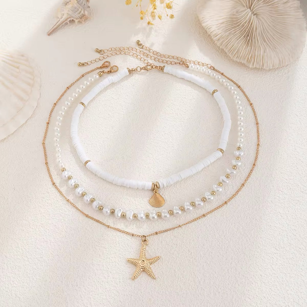 Boho Starfish Conch Pendant 3Pcs/Set - Elegant White Imitation Pearl Chain Necklace necklaces LUNARITY GARAGE   