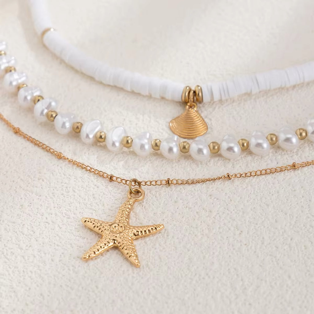 Boho Starfish Conch Pendant 3Pcs/Set - Elegant White Imitation Pearl Chain Necklace necklaces LUNARITY GARAGE   