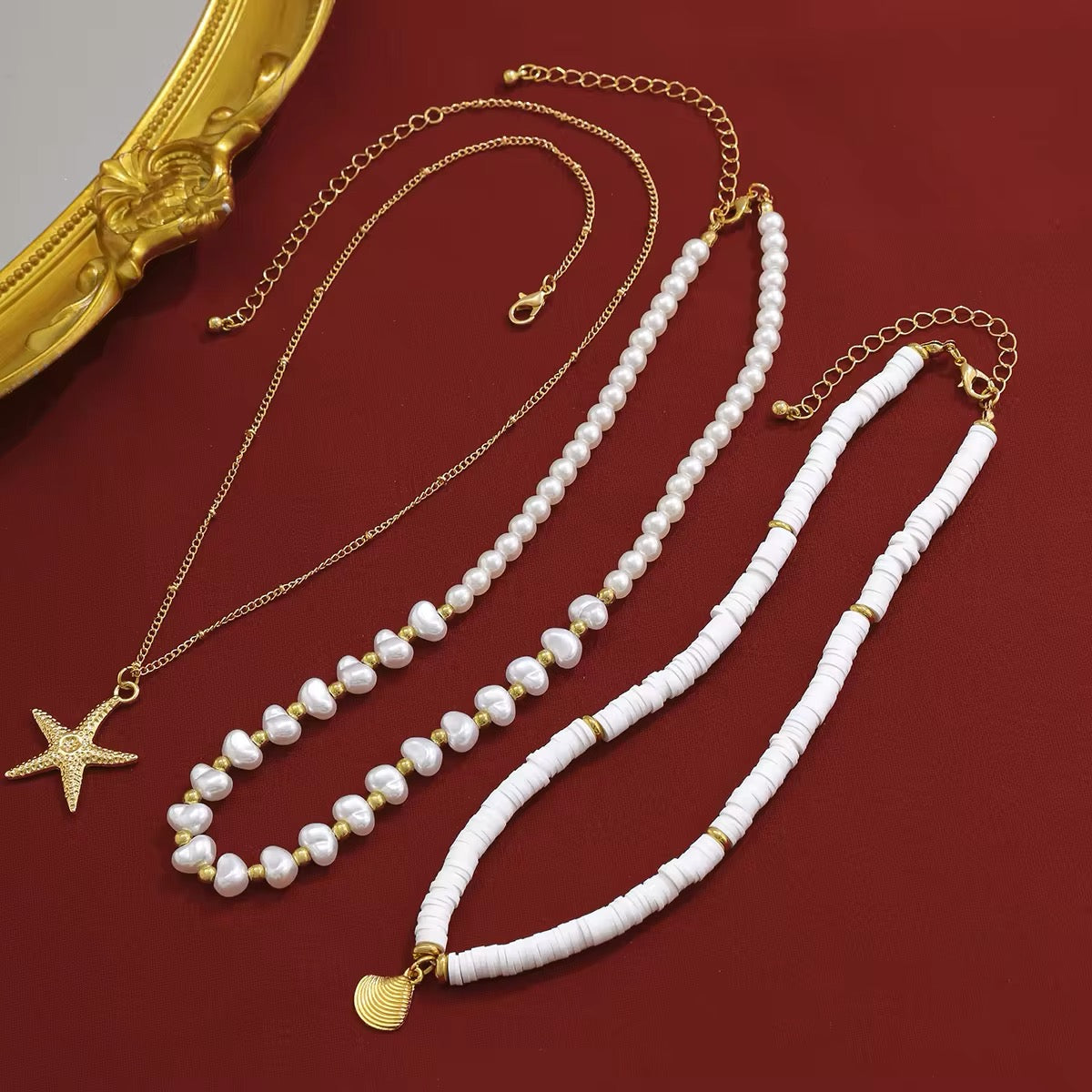 Boho Starfish Conch Pendant 3Pcs/Set - Elegant White Imitation Pearl Chain Necklace necklaces LUNARITY GARAGE