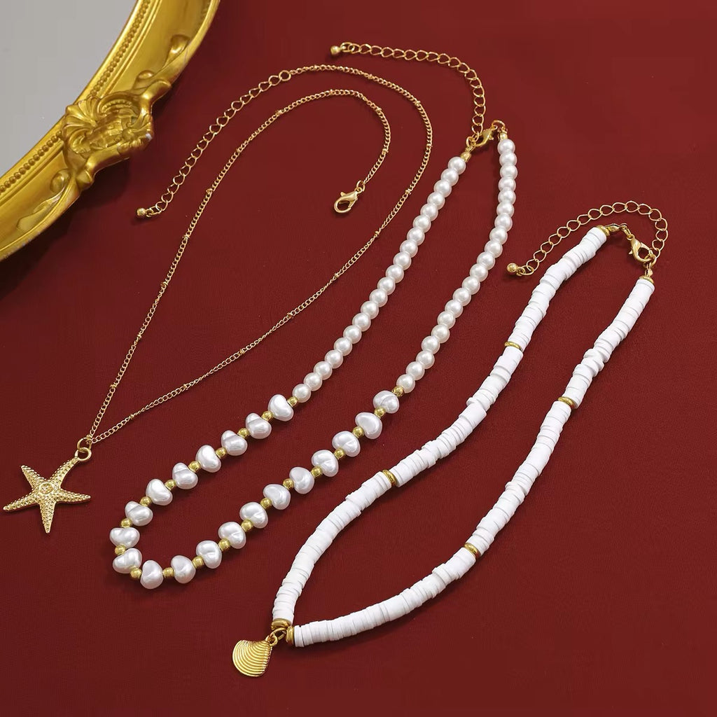 Boho Starfish Conch Pendant 3Pcs/Set - Elegant White Imitation Pearl Chain Necklace necklaces LUNARITY GARAGE   