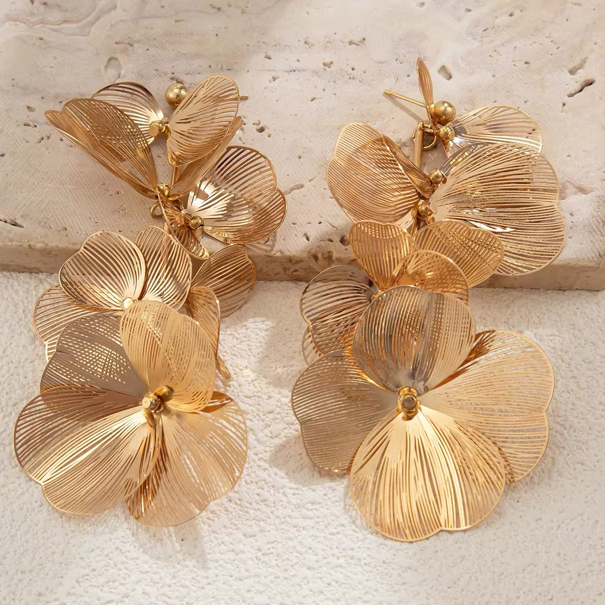 Elegant Romantic Petal Flower Long Hanging Drop Earrings earrings LUNARITY GARAGE Gold