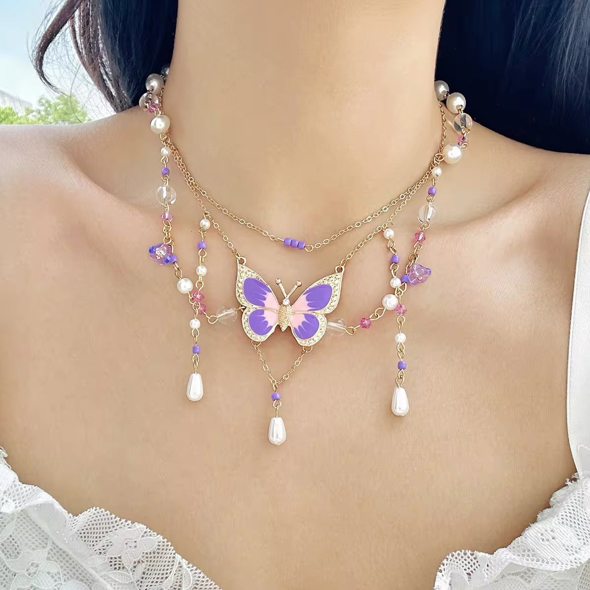 Fantasy Y2K Sweet Drip Oil Butterfly Tassel Pendant Choker Necklace necklaces LUNARITY GARAGE Purple  