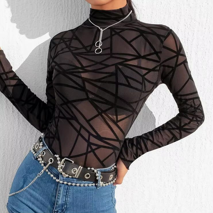 Sheer Mesh Long Sleeve Mock Neck Top – See-Through Slim Fit Tee for Women top LUNARITY GARAGE