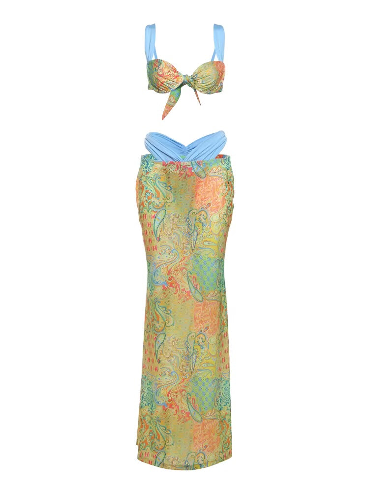 Colorful Print 2-Piece Set – Bra Top & High-Waist Hollow Maxi Skirt for Beach Party & Clubwear Clothing Set LUNARITY GARAGE