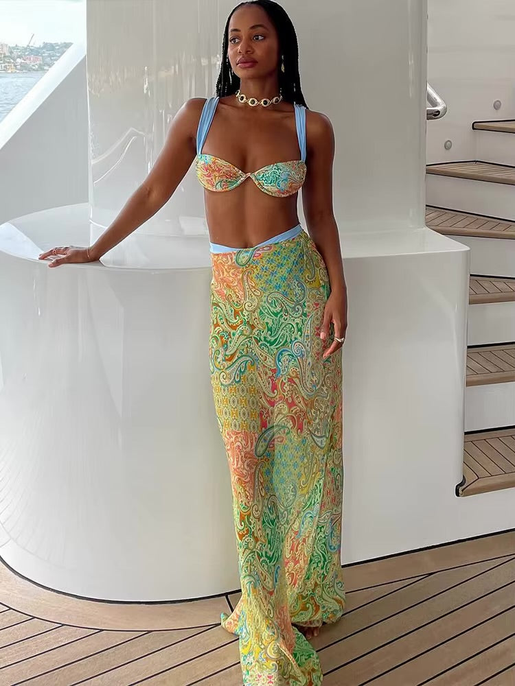 Colorful Print 2-Piece Set – Bra Top & High-Waist Hollow Maxi Skirt for Beach Party & Clubwear Clothing Set LUNARITY GARAGE S
