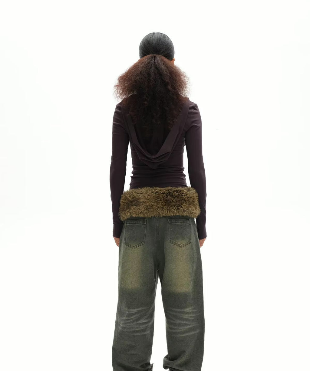 Vintage Brown Fur Belt - Y2K Hook Furry Cowgirl Gothic Punk Hip Hop Waistband Belt LUNARITY GARAGE