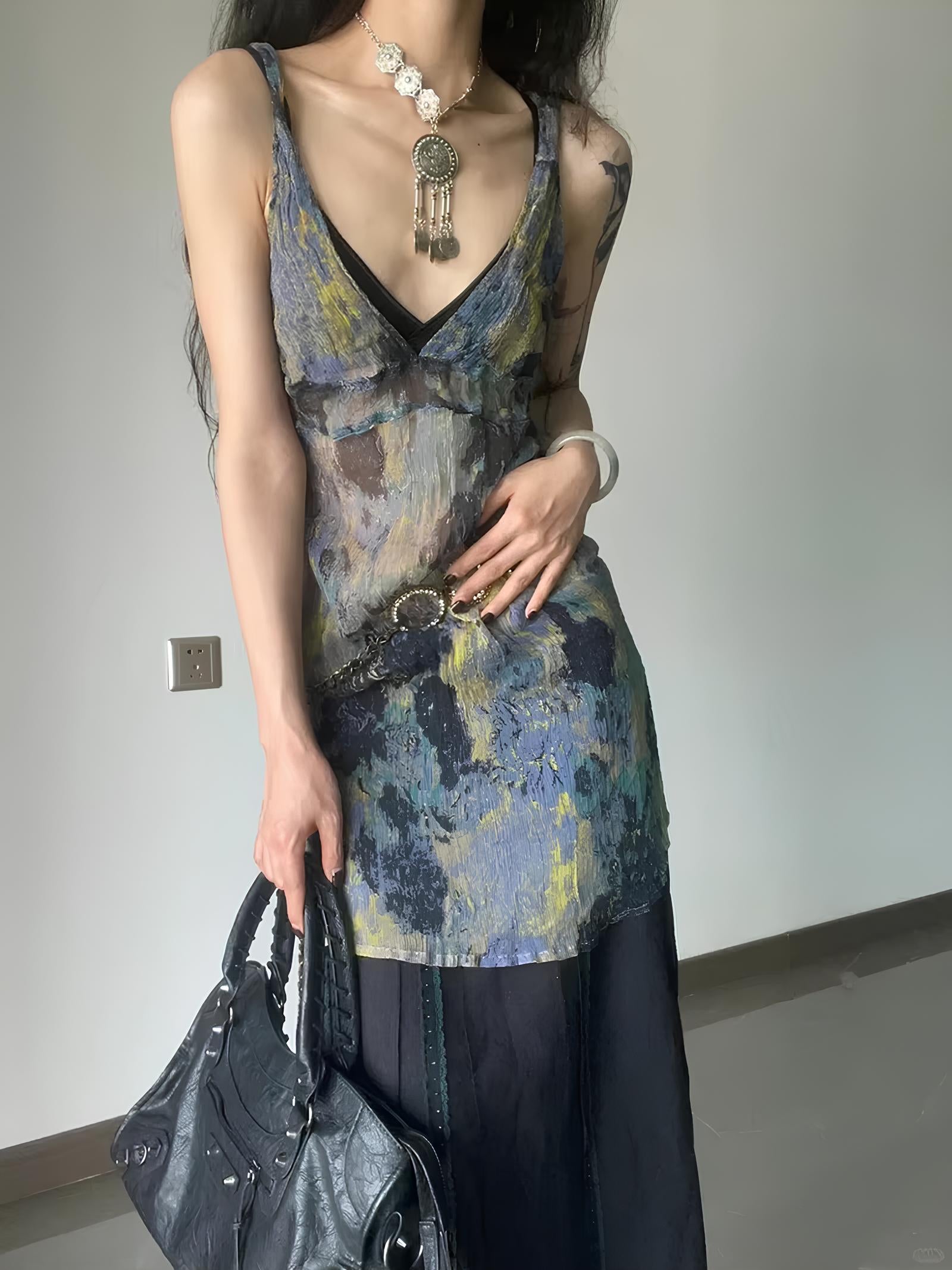 90s Print Y2K Mini Dress - Harajuku Sexy V Neck Spaghetti Strap Bodycon Dress LUNARITY GARAGE