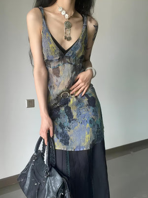 90s Print Y2K Mini Dress - Harajuku Sexy V Neck Spaghetti Strap Bodycon Dress LUNARITY GARAGE