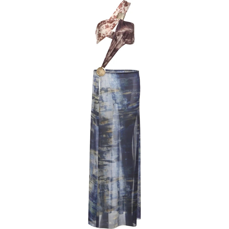 Mesh Long Dress Women | Summer Party Cut Out Ruched Print Cover Up Maxi Dress Dress LUNARITY GARAGE