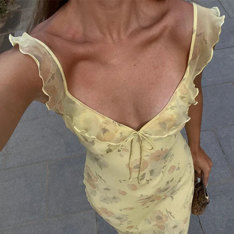Coquette Floral Print Plunge Maxi Dress | Sexy Backless Fairy Sun Dress for Summer Vacation Dress LUNARITY GARAGE