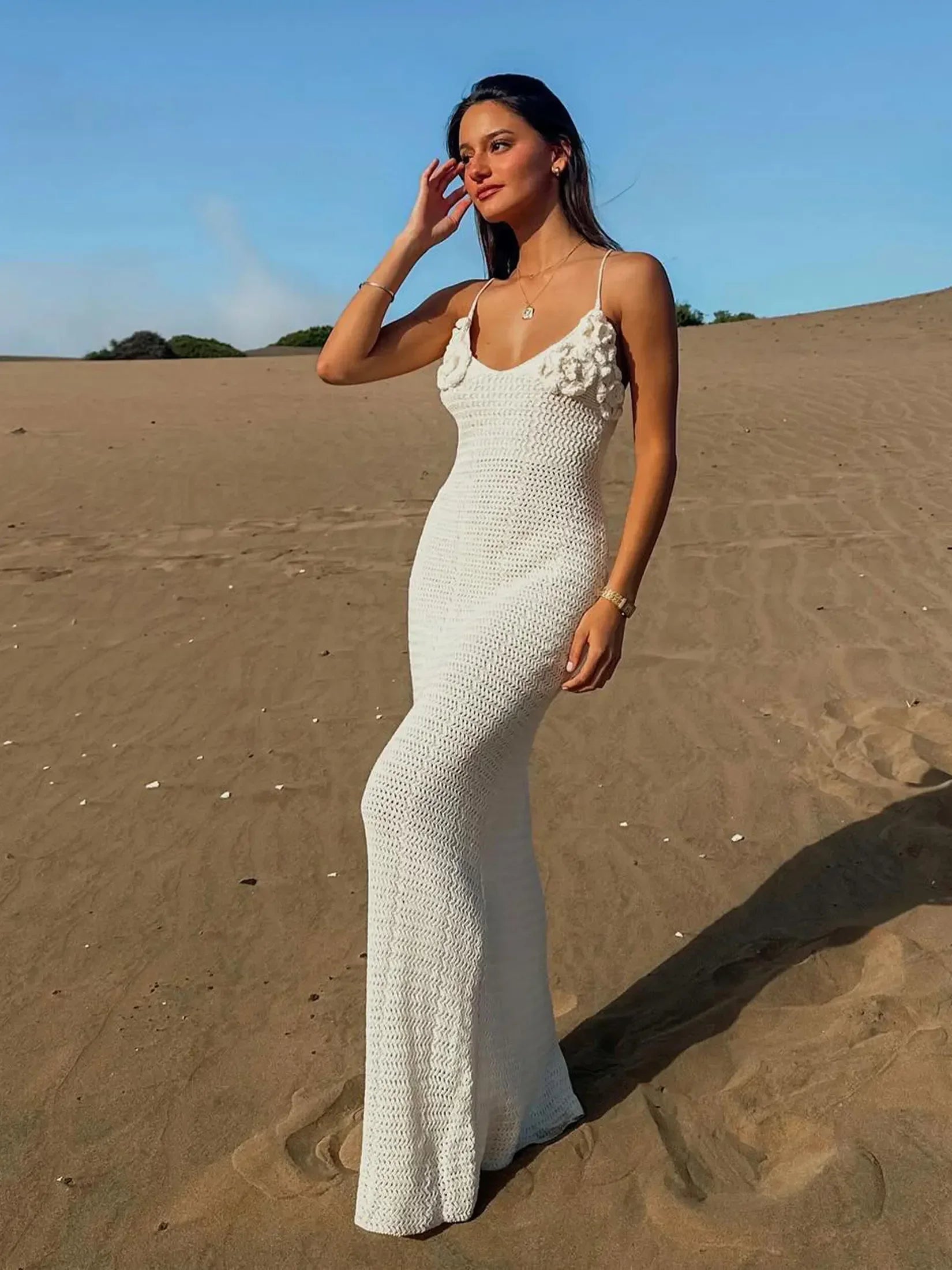 Sexy Knit 3D Flower Long Halter Dress | Slim Beach Sleeveless Backless Hollow Out Robe for Summer Vacation Parties Dress LUNARITY GARAGE
