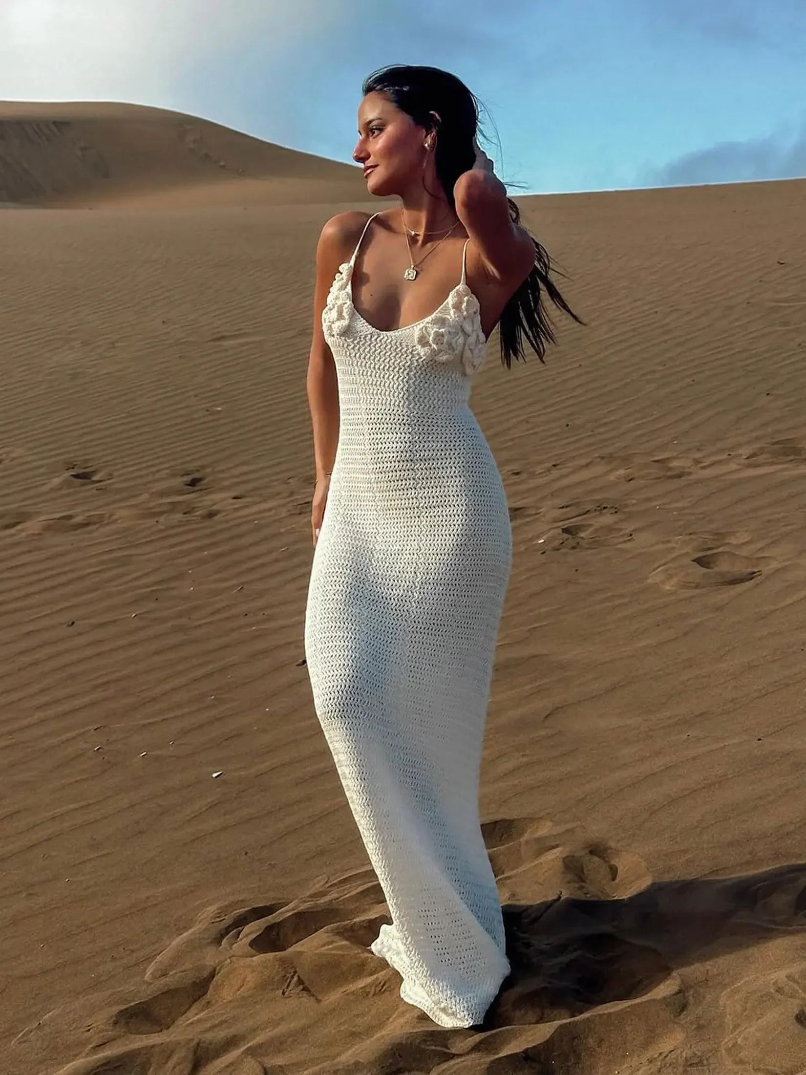 Sexy Knit 3D Flower Long Halter Dress | Slim Beach Sleeveless Backless Hollow Out Robe for Summer Vacation Parties Dress LUNARITY GARAGE