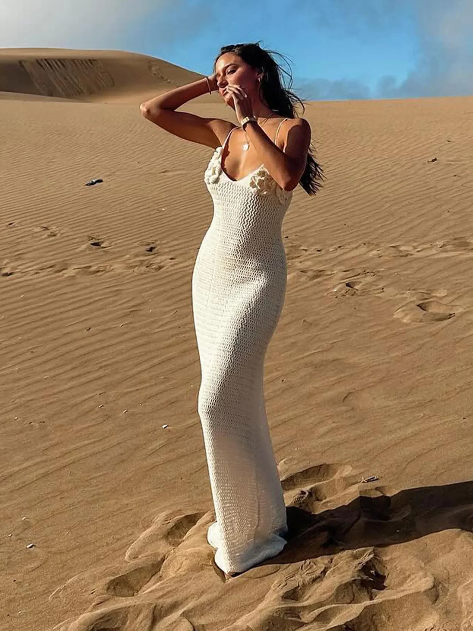 Sexy Knit 3D Flower Long Halter Dress | Slim Beach Sleeveless Backless Hollow Out Robe for Summer Vacation Parties Dress LUNARITY GARAGE
