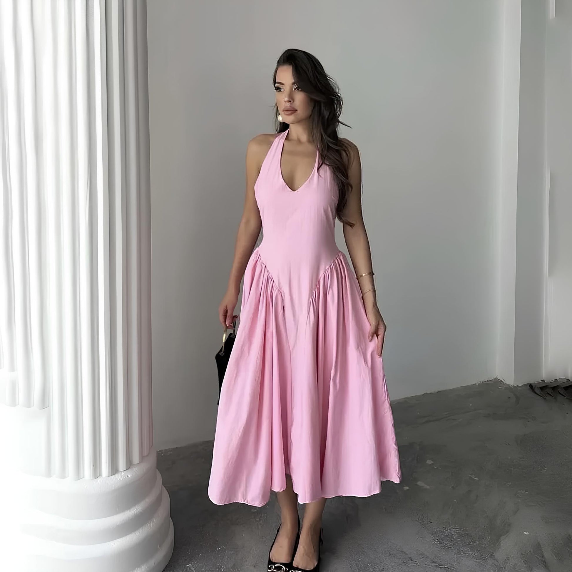 Backless Deep V Spliced Long Dress | Summer Women's Sexy Party & Halter Fashion Slim White Sleeveless Dress Dress LUNARITY GARAGE Pink S