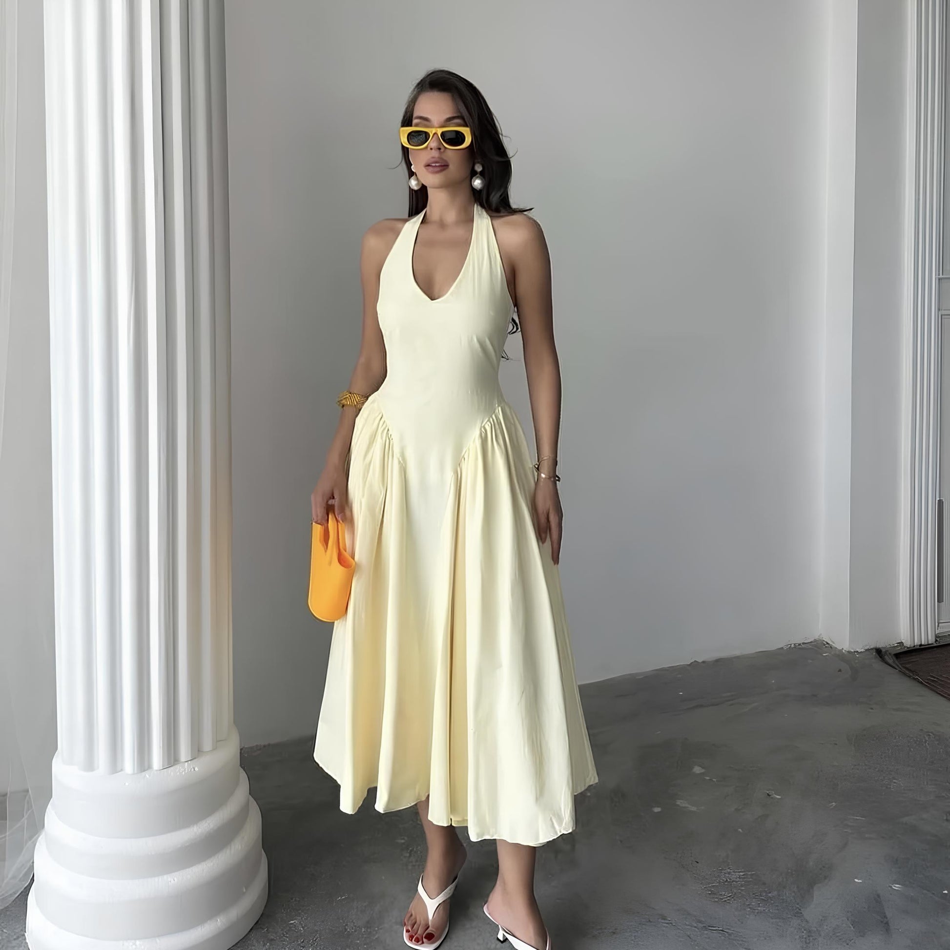 Backless Deep V Spliced Long Dress | Summer Women's Sexy Party & Halter Fashion Slim White Sleeveless Dress Dress LUNARITY GARAGE Yellow S