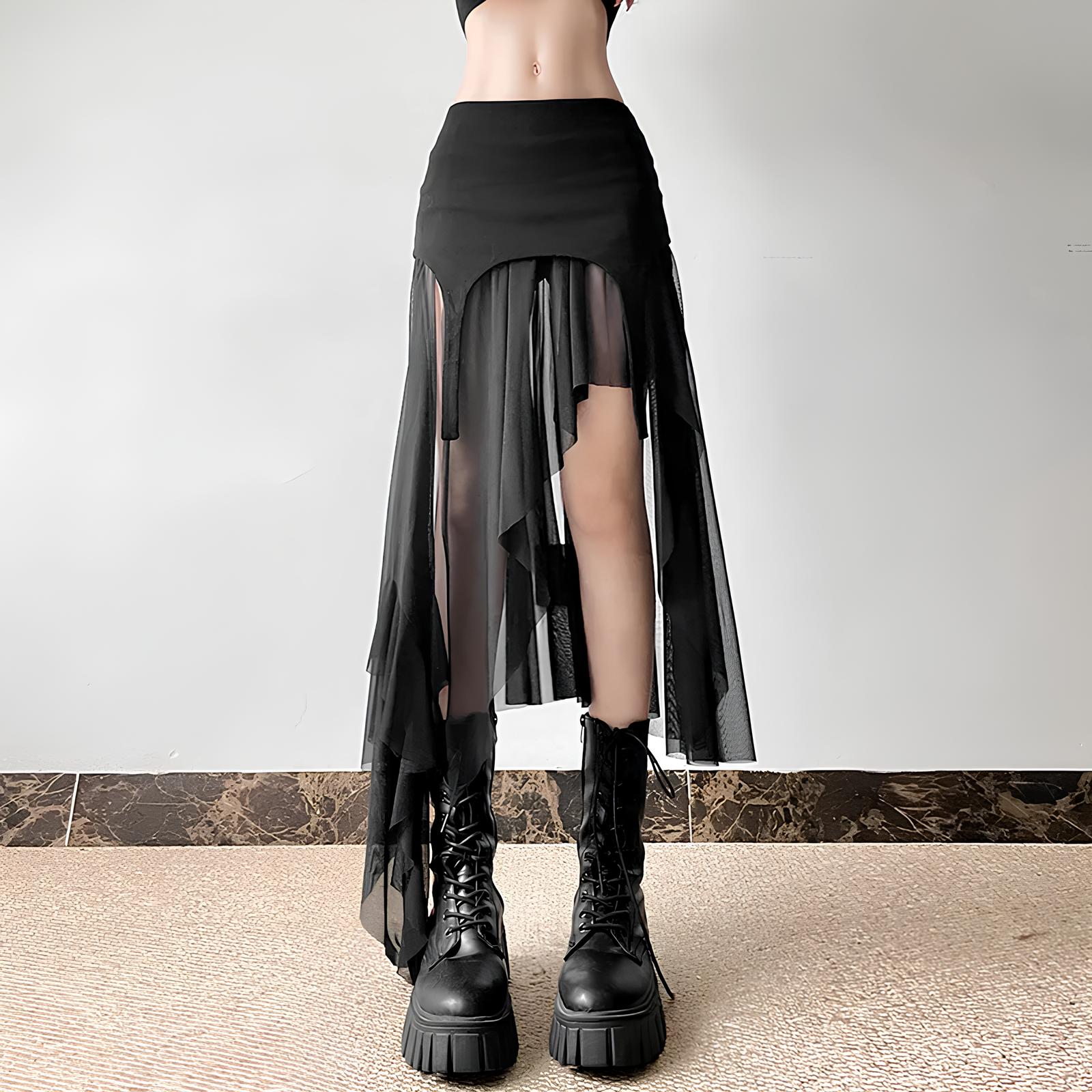 Y2K Harajuku Cyber Mesh Patchwork Irregular Hem Skirt Skirts Lunarity Garage