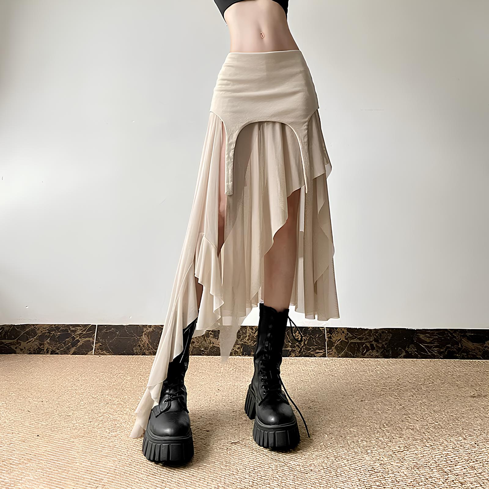 Y2K Harajuku Cyber Mesh Patchwork Irregular Hem Skirt Skirts Lunarity Garage
