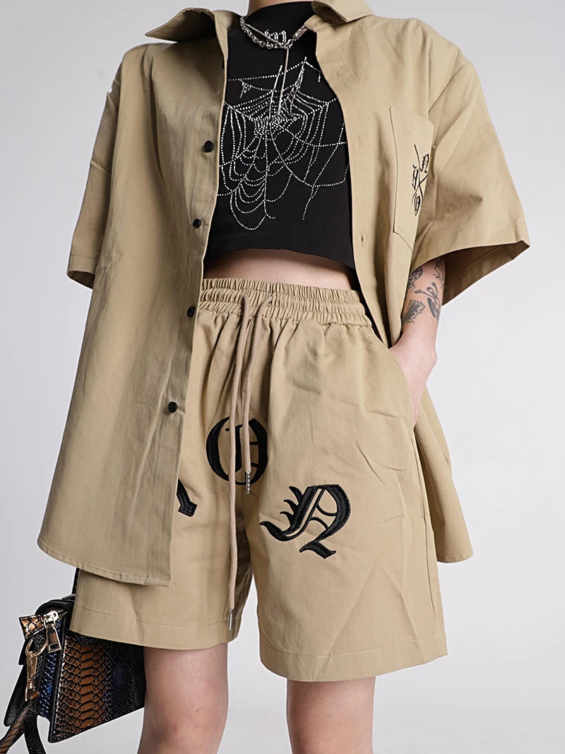 Khaki Streetwear Fashion Summer Workwear Shirt Shorts Set Men And Women Clothing Loose American Letter Embroidered Two Piece Set Clothing Set Lunarity Garage   