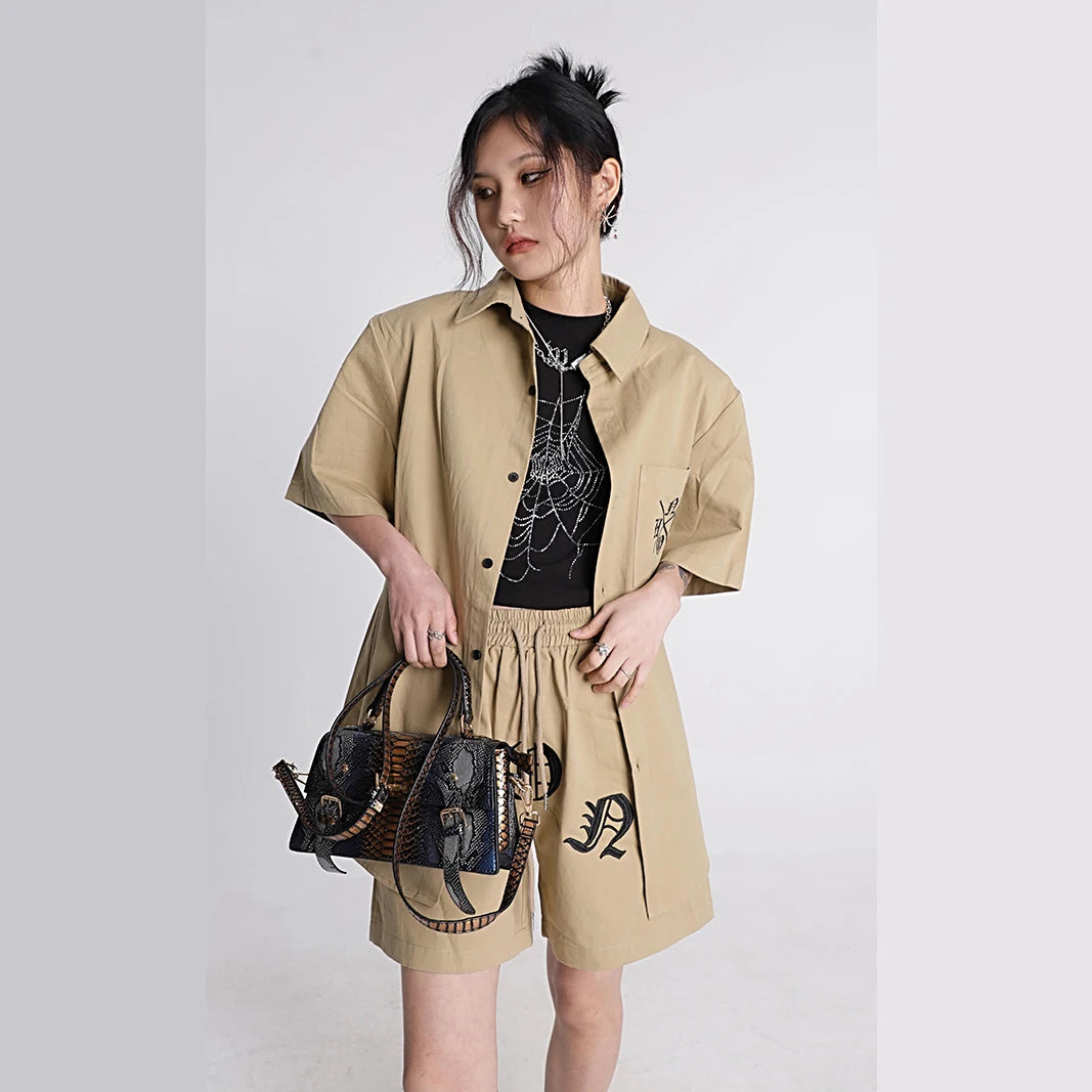 Khaki Streetwear Fashion Summer Workwear Shirt Shorts Set Men And Women Clothing Loose American Letter Embroidered Two Piece Set Clothing Set Lunarity Garage Camel M