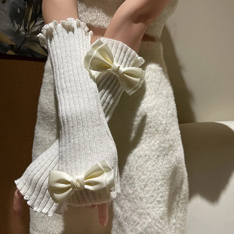 Y2K Lolita Knitted Bow Tie Fingerless Gloves Gloves Lunarity Garage   