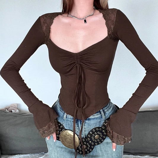 Korean Style Brown Lace Patchwork Flare Sleeve Top blouse LUNARITY GARAGE Brown S 