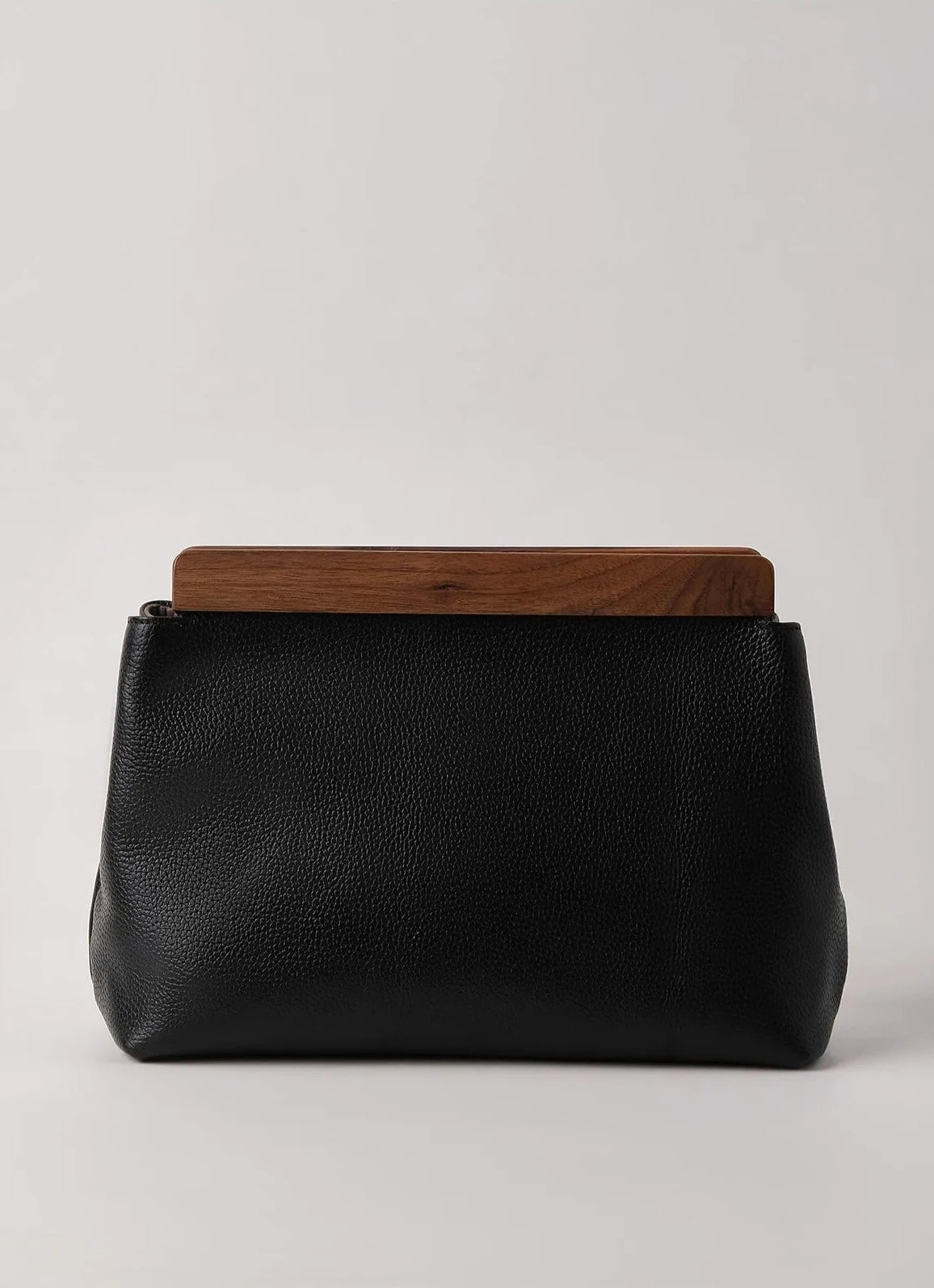 Luxurious Black Genuine Leather Clutch Handbag Walnut Wood Accents clutch LUNARITY GARAGE