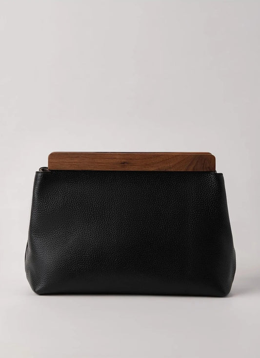 Luxurious Black Genuine Leather Clutch Handbag Walnut Wood Accents clutch LUNARITY GARAGE   