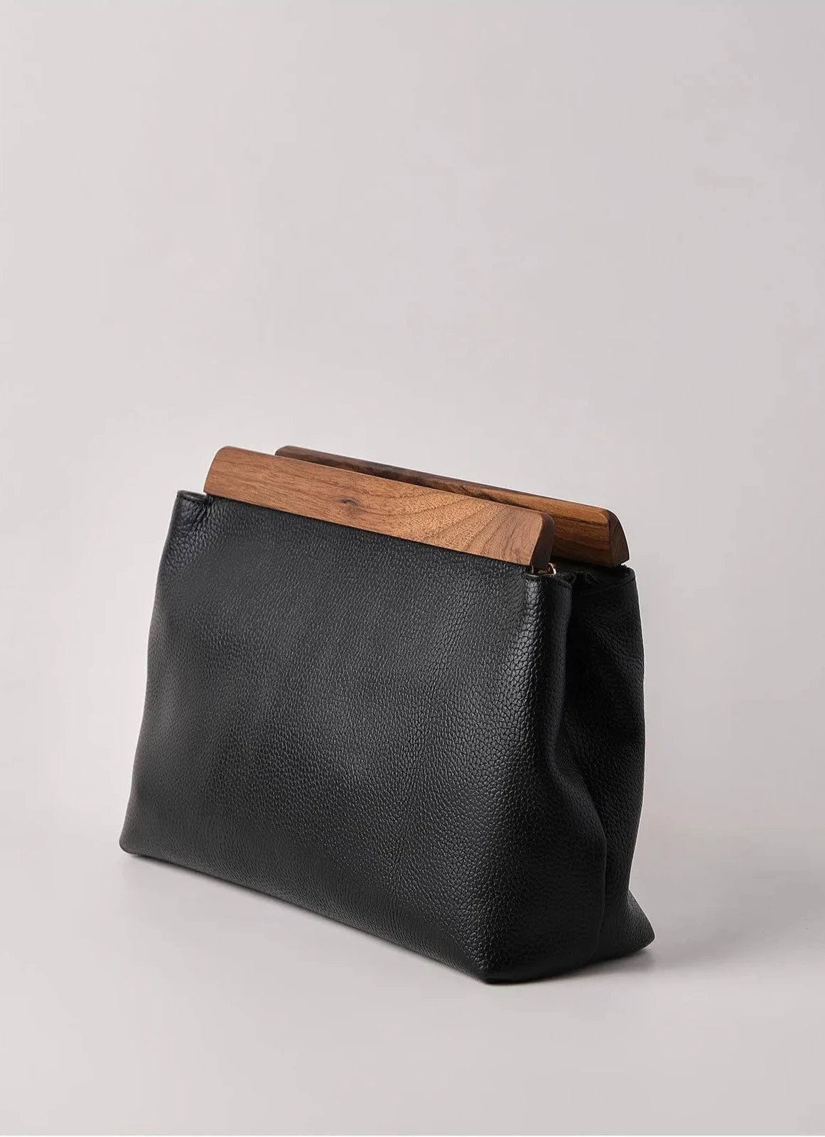 Luxurious Black Genuine Leather Clutch Handbag Walnut Wood Accents clutch LUNARITY GARAGE   