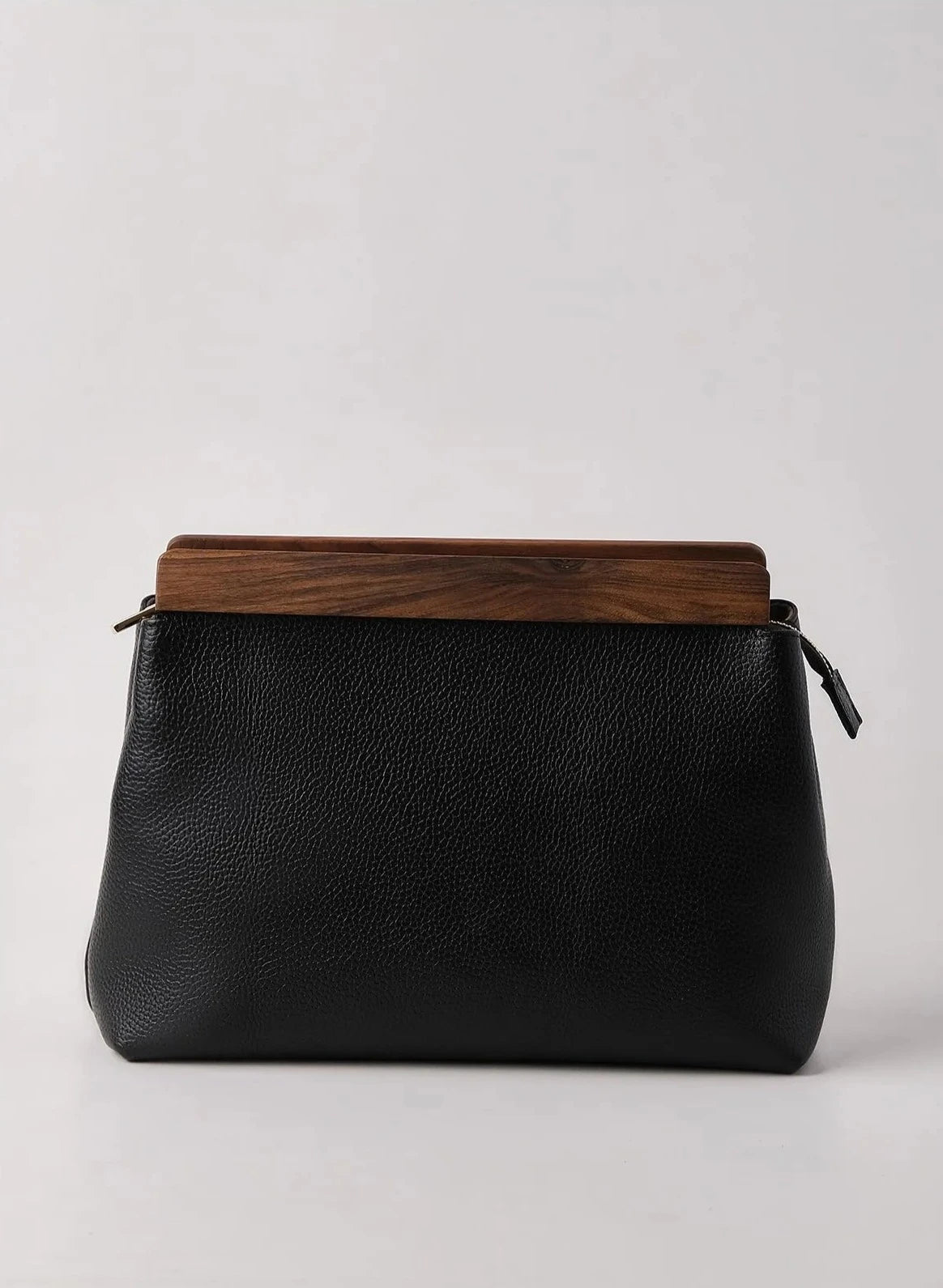 Luxurious Black Genuine Leather Clutch Handbag Walnut Wood Accents clutch LUNARITY GARAGE   