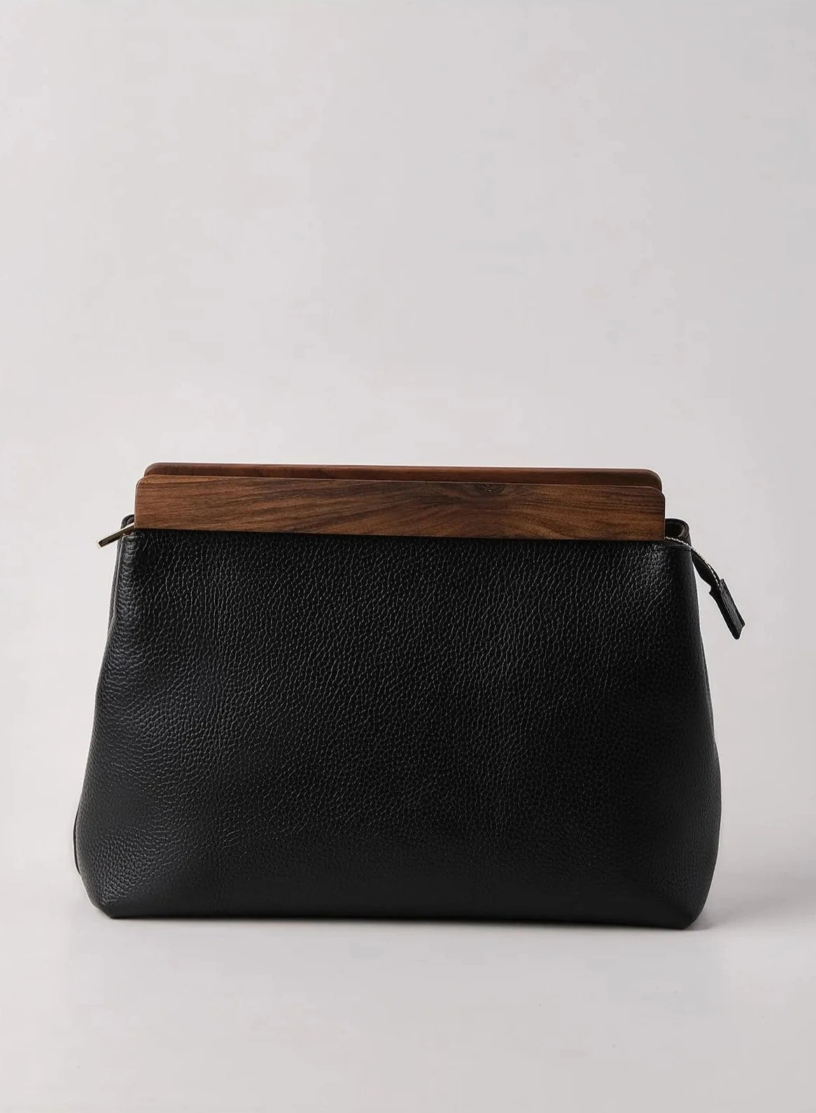 Luxurious Black Genuine Leather Clutch Handbag Walnut Wood Accents clutch LUNARITY GARAGE