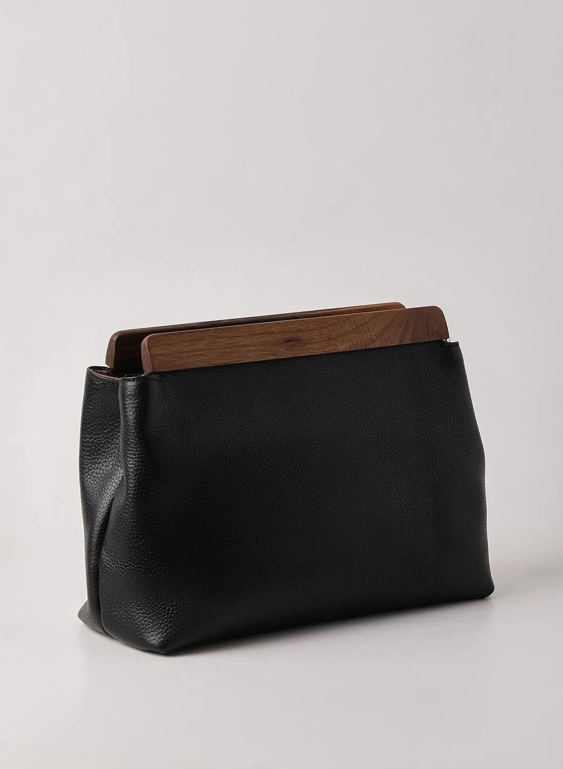 Luxurious Black Genuine Leather Clutch Handbag Walnut Wood Accents clutch LUNARITY GARAGE