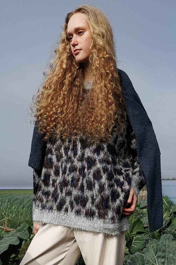 Leopard Print Brown Sweater – Crew Neck, Drop Shoulder, Fuzzy Texture, Relaxed Fit Knit sweater LUNARITY GARAGE Standard