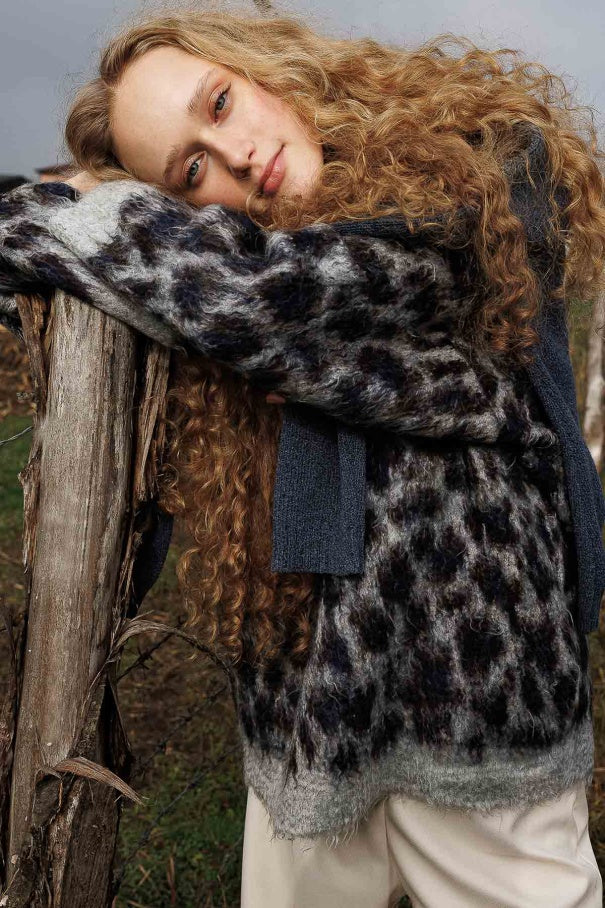 Leopard Print Brown Sweater – Crew Neck, Drop Shoulder, Fuzzy Texture, Relaxed Fit Knit sweater LUNARITY GARAGE