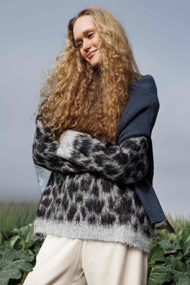 Leopard Print Brown Sweater – Crew Neck, Drop Shoulder, Fuzzy Texture, Relaxed Fit Knit sweater LUNARITY GARAGE